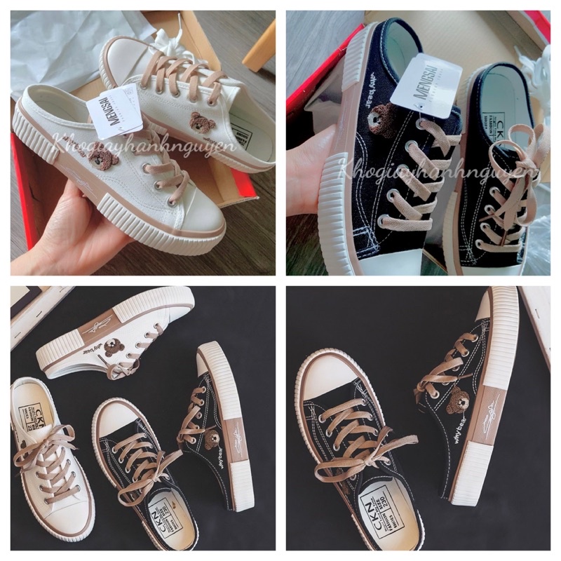 Giày sục đạp gót giày luời nữ hình gấu vải canvas