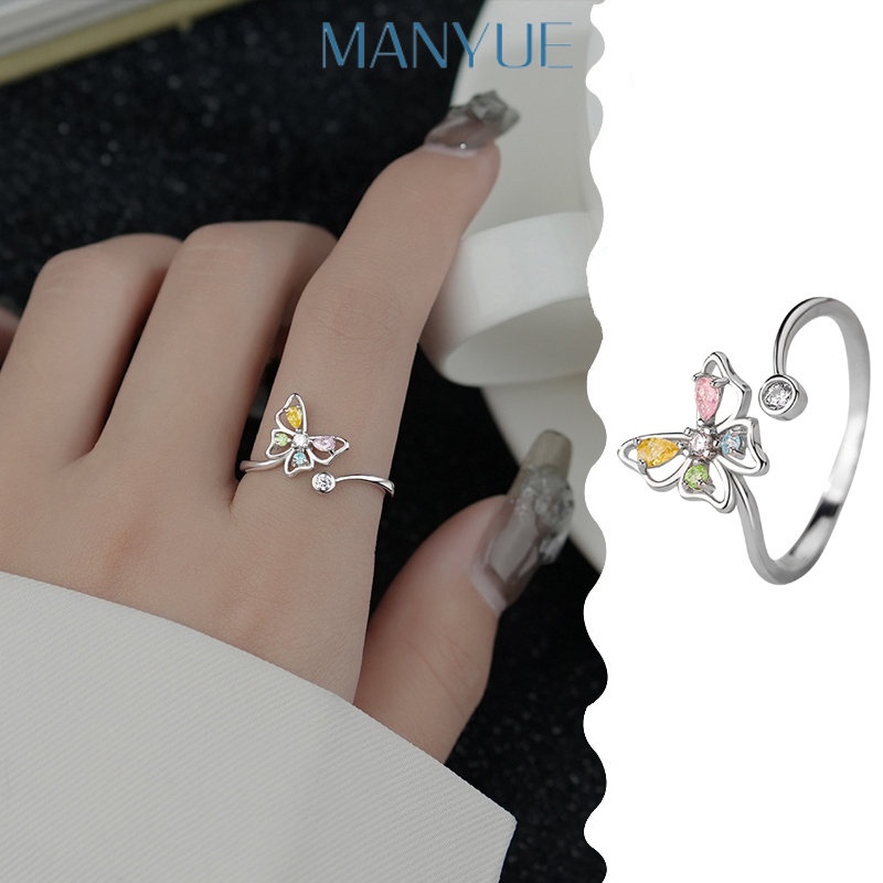 Nhẫn hở MANYUE hình bướm rỗng đính đá zircon nhiều màu sắc sáng tạo có thể điều chỉnh cho nữ