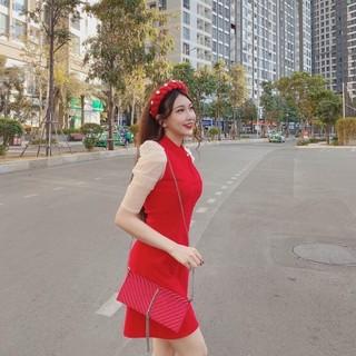 Đầm cổ tàu chơi tết Cotton lạnh
