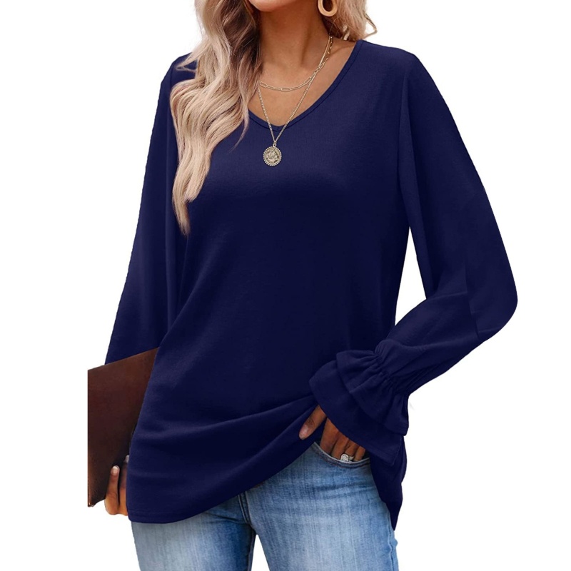 Áo Kiểu Tay Loe Dài Cổ Chữ V Màu Sắc Đơn Giản Cho Nữ