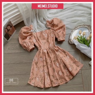 Váy Gấm Hoa Tay Bồng - Chất Vải Mềm Mịn Mát - Dáng Mini Phong Cách Tiểu Thư Bánh Bèo | V0110 | MeiMei Studio