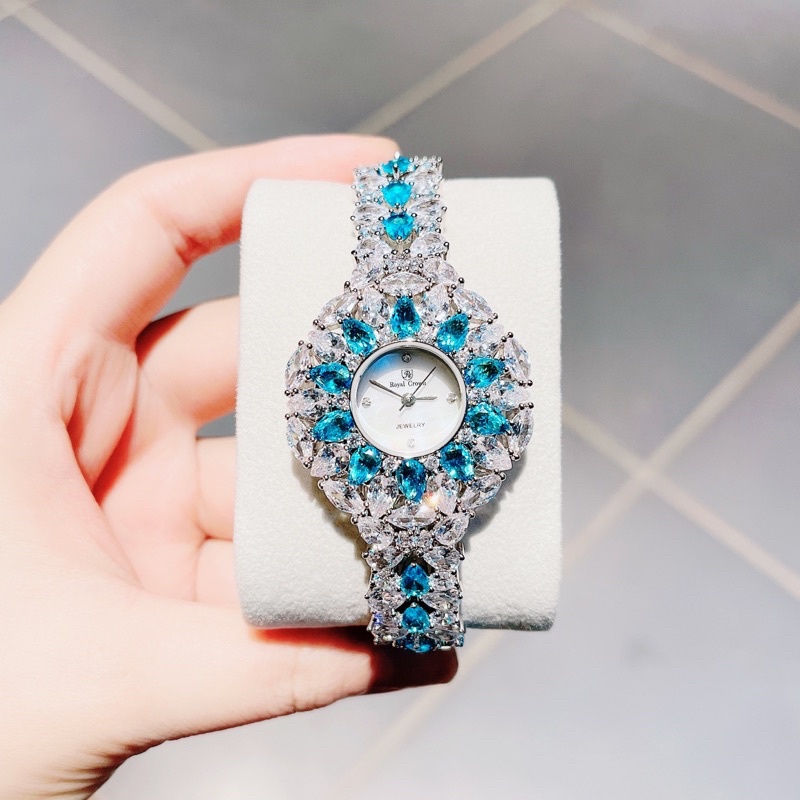 Đồng hồ Royal Crown 2035 mặt tròn hoa tuyết đính đá màu dây kim loại chính hãng