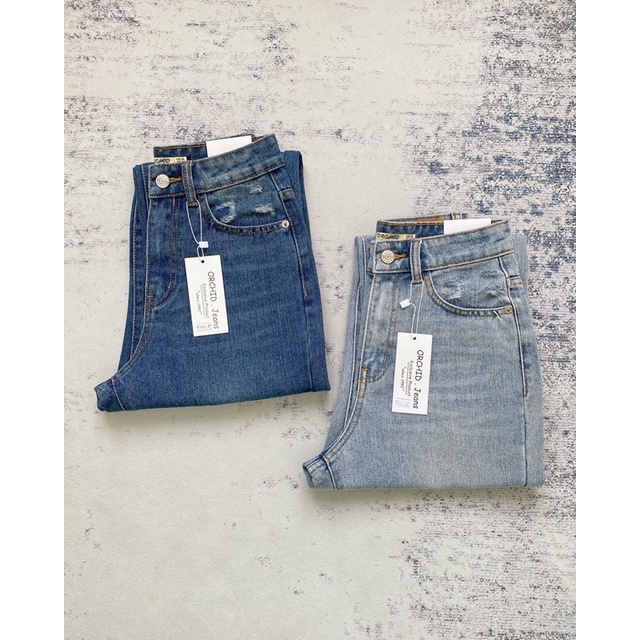 Quần jeans rách ống suông lai cắt lưng cao