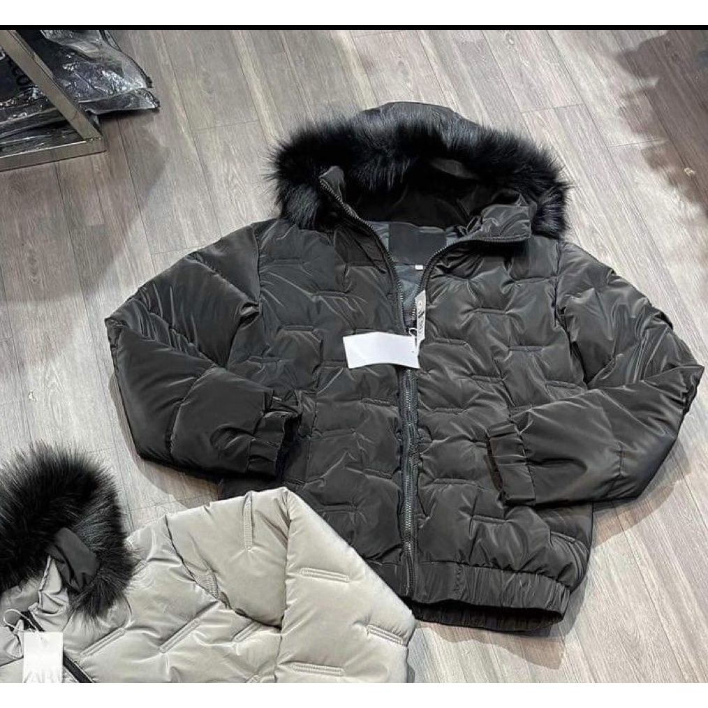 Áo phao trần bông cổ lông siêu ấm 2 màu đen ghi xám 2022