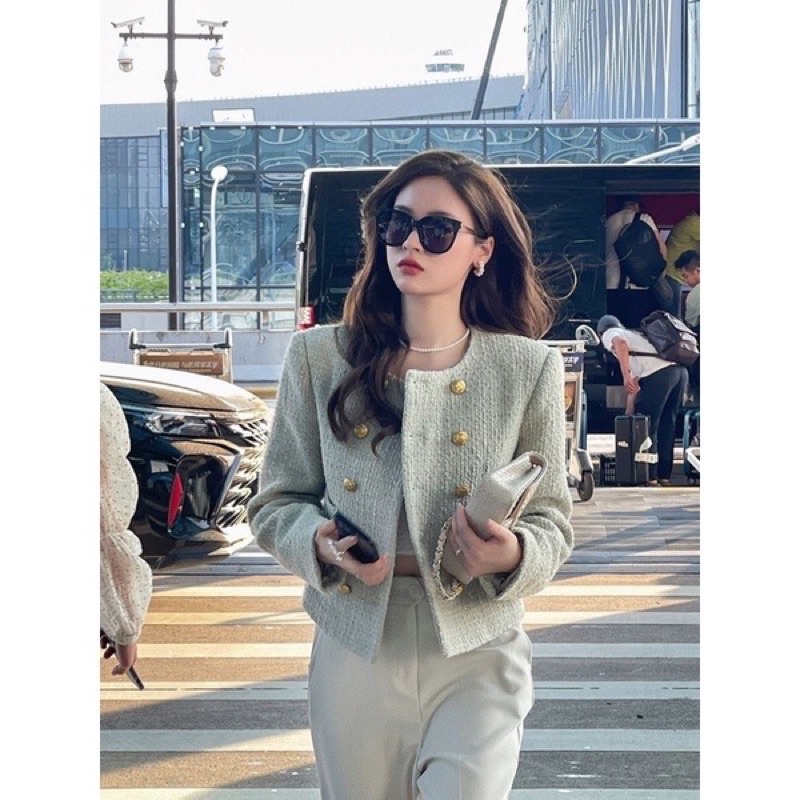 Áo Khoác Dạ tweed Xanh bơ Cúc Vàng(ảnh thật)
