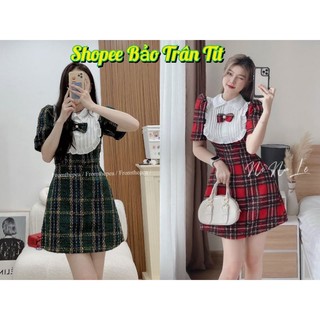 Đầm dạ caro đỏ cổ trắng bèo