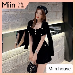 Set nhung váy cúp nơ áo khoác lửng khuy ngọc