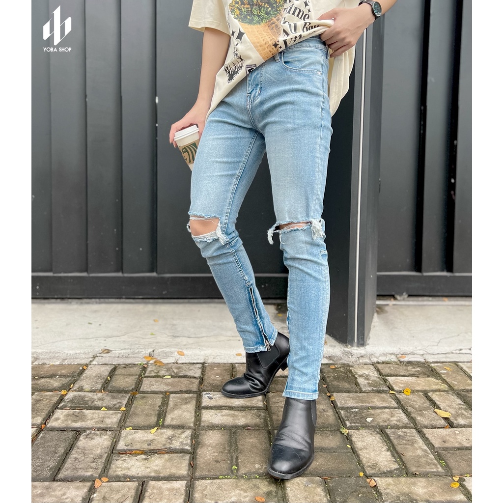 {FREESHIP + VOUCHER 20K} QUẦN JEANS ZIPPER NAM SKINNY RÁCH GỐI MÀU WASH XANH SÁNG VẢI SIÊU XỊN (ẢNH THẬT 100%)142