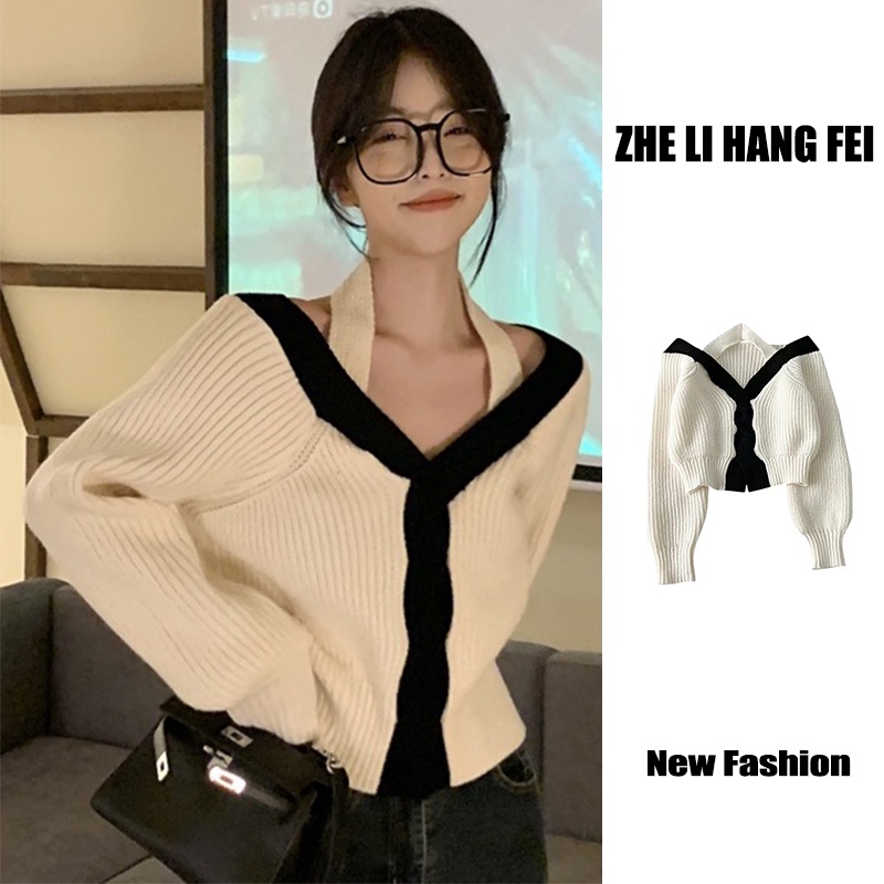 ZHELIHANGFEI Áo Len Tay Dài Cổ Chữ V Lưng Cao Phong Cách Quyến Rũ