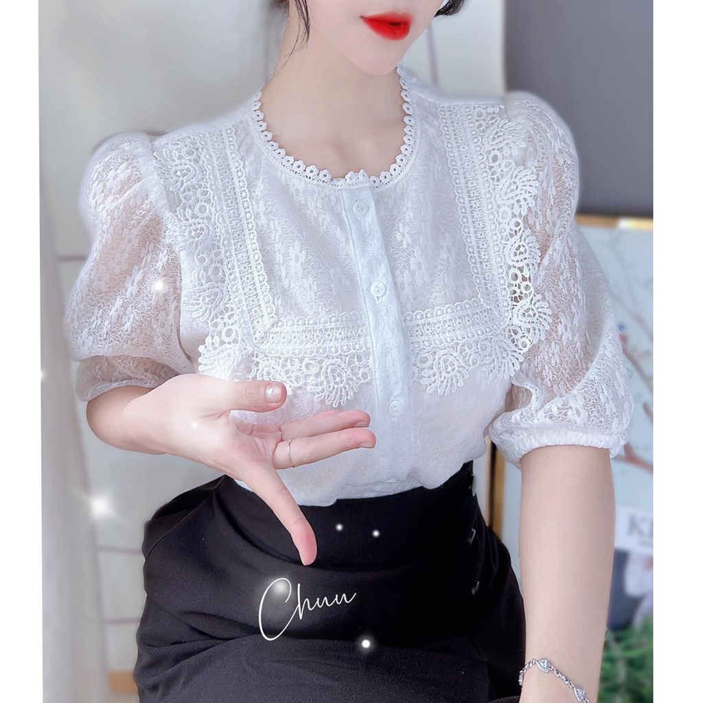 Áo sơ mi công sở nữ tay phồng họa tiết ren bông mai xinh xắn CHUU A8127