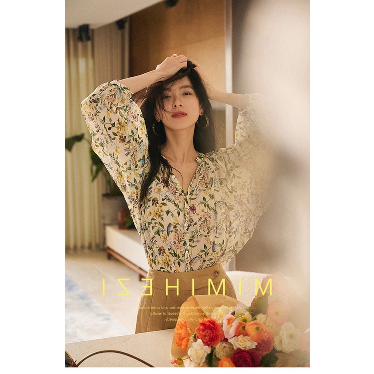 Áo Sơ Mi Chiffon Tay Lỡ Cổ Chữ V Họa Tiết Hoa Phong Cách Pháp Thời Trang Mùa Hè Cho Nữ