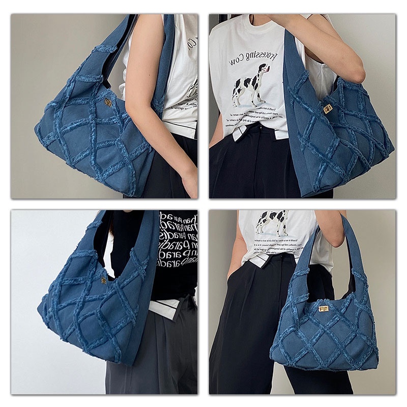 Mischa Túi Đeo Vai Cỡ Lớn Bằng Vải Bạt denim Phối Tua Rua Thời Trang Đường Phố Giản Dị