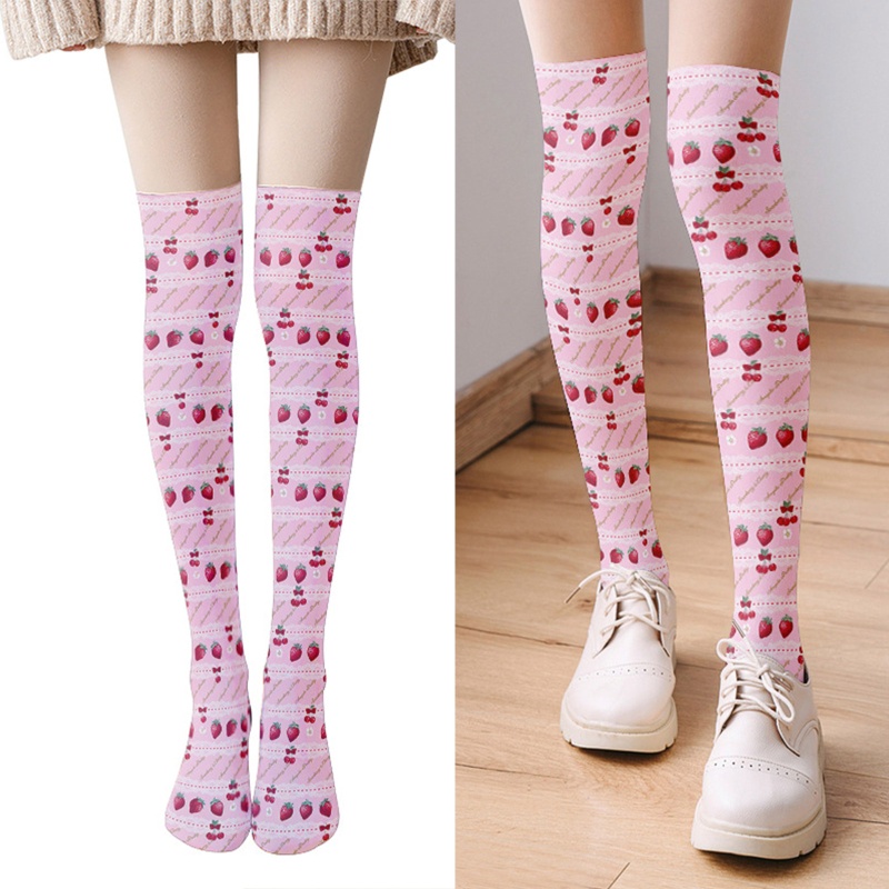 Vớ Dài Qua Gối In Họa Tiết Trái Dâu Phối Ren Phong Cách Lolita Nhật Bản Cho Nữ