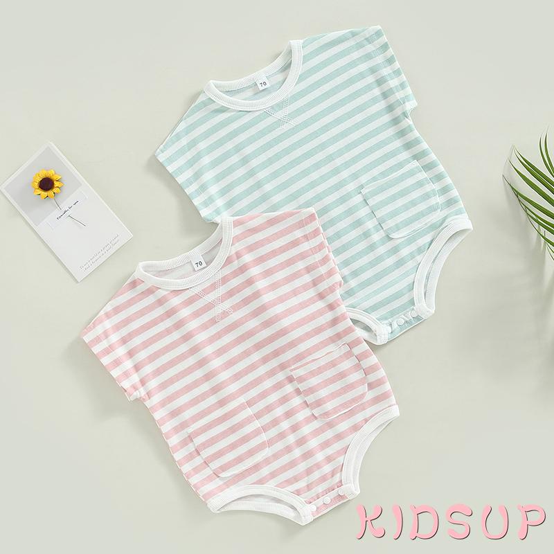 Bộ Áo Liền Quần Cổ Tròn Không Tay Kẻ Sọc Ngang Có Túi Dành Cho Bé 1 Tuổi