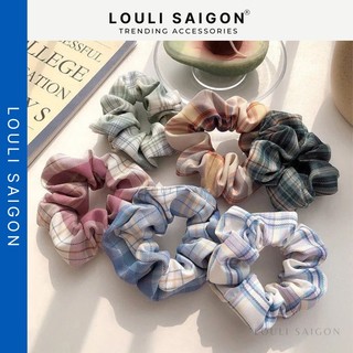 Dây buộc tóc scrunchies họa tiết caro, đồ cột tóc vải cho nữ cute phong cách Hàn Quốc
