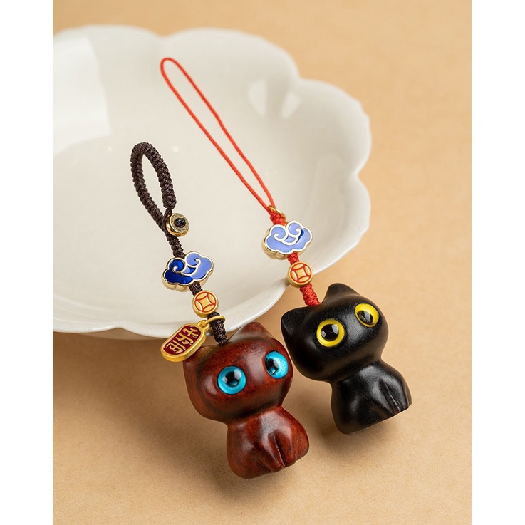 Móc khóa/ Dây treo điện thoại mèo may mắn làm từ gỗ đàn hương - Mang lại may mắn tài vận