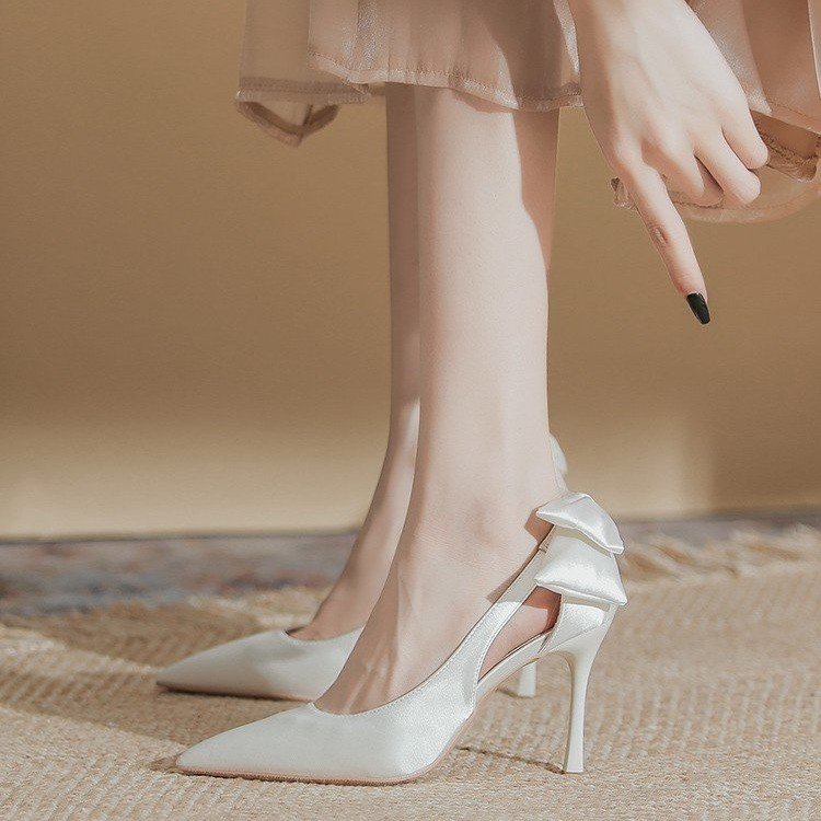 Giày Cao Gót Mũi Nhọn Đính Nơ Xinh Xắn Thời Trang