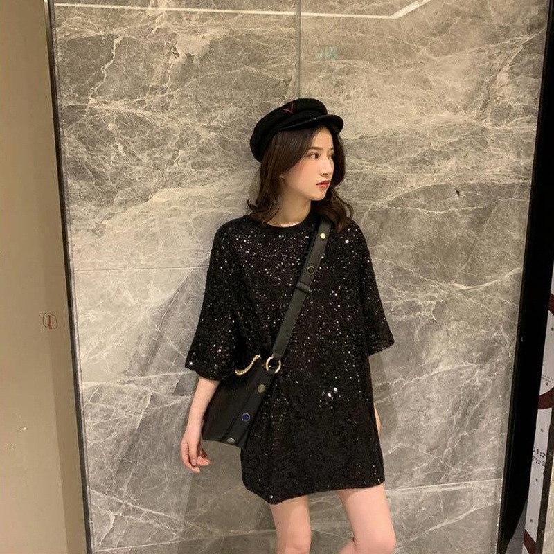 IELGY Áo Thun Tay Ngắn Đính Kim Sa Lấp Lánh Phong Cách Hàn Quốc Cho Nữ