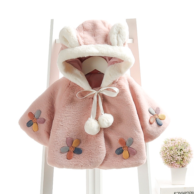 Áo Choàng Áo Khoác Lông Thỏ Cho Bé Thêu Hoa Ngũ Sắc Kiểu Dáng Tai Thỏ Đáng Yêu Ấm Áp AK3478