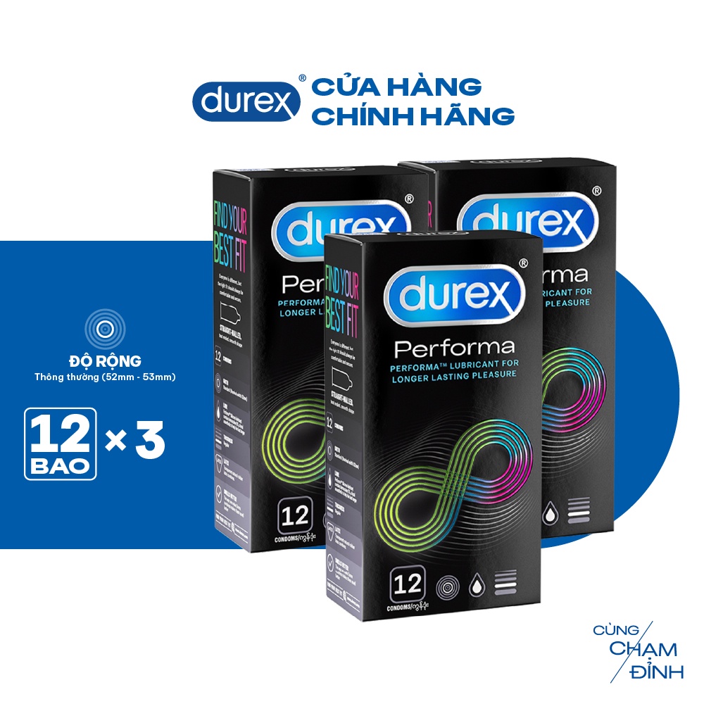 Bộ 3 hộp bao cao su Durex Performa kéo dài thời gian size 52mm, hộp 12 bao