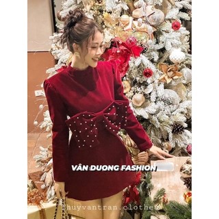 Đầm nhung nơ 2 lớp dáng A Chiếc nơ xinh đính full ngọc hàng thiết kế cao cấp VANDUONGshop