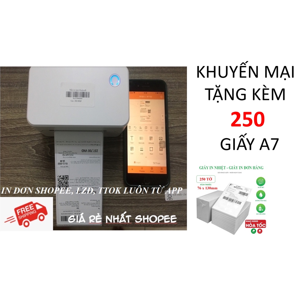 Máy in nhiệt bluetooth khổ giấy A7, IN MÃ VẬN ĐƠN SHOPEE, SÀN TMĐT, ĐƠN VỊ GIAO HÀNG, IN TEM NHÃN
