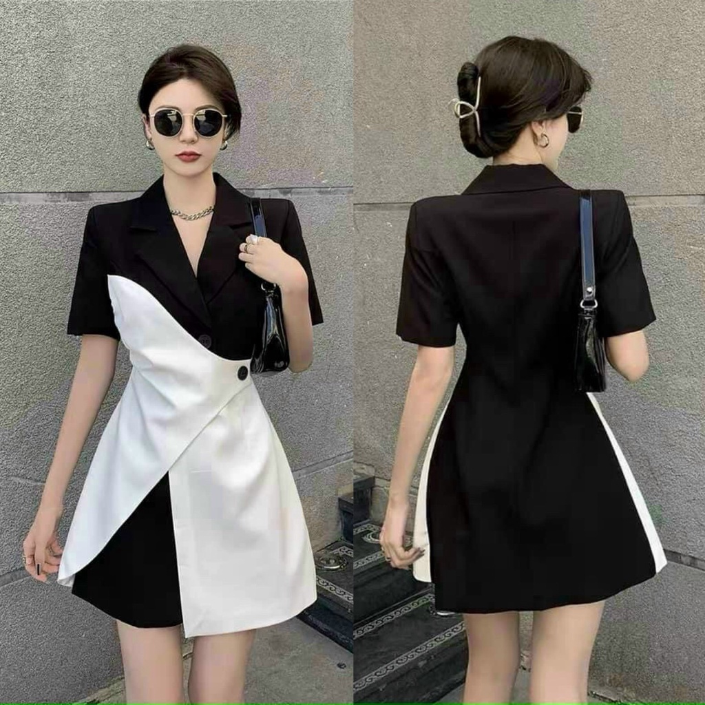 Đầm Váy Nữ Chất Vải Cotton Lạnh Cổ Vest Phối Màu Đen Trắng Thiết Kế Sang Chảnh Đi Làm Công Sở, Dạ Hội Và Du Lịch
