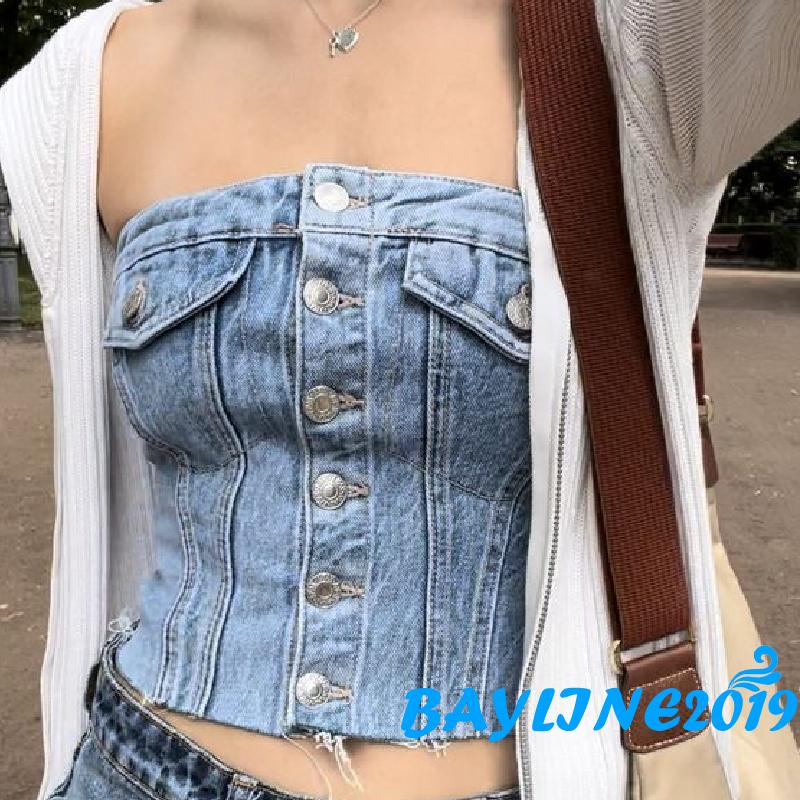 Áo Denim Sát Nách Dáng Ngắn Phối Nút Thời Trang Đường Phố Cá Tính Cho Nữ
