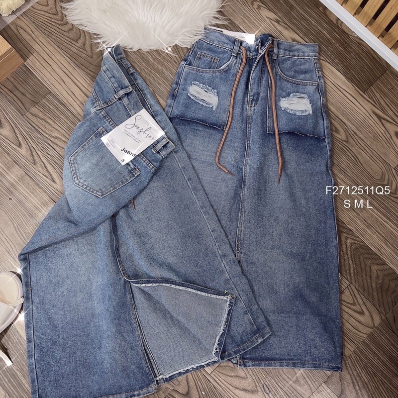 Chân váy jean dài xẻ kèm dây rút chuẩn dáng hàng sẵn giao ngay