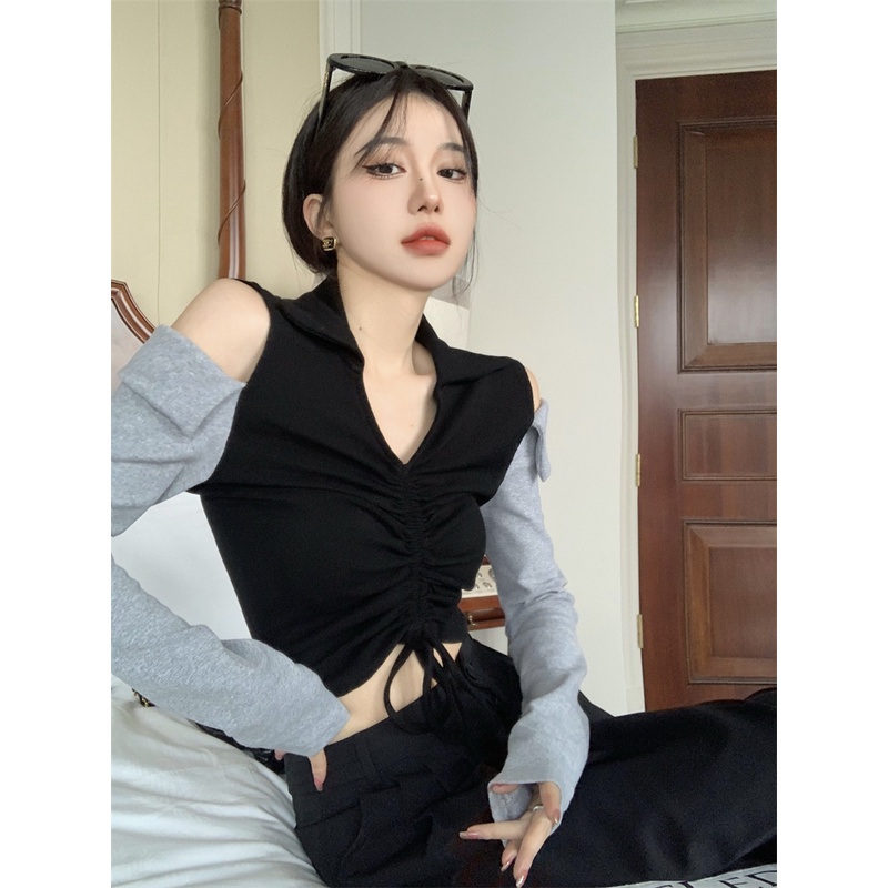 Áo kiểu ZHELIHANGFEI trễ vai tay dài phối dây rút phong cách retro