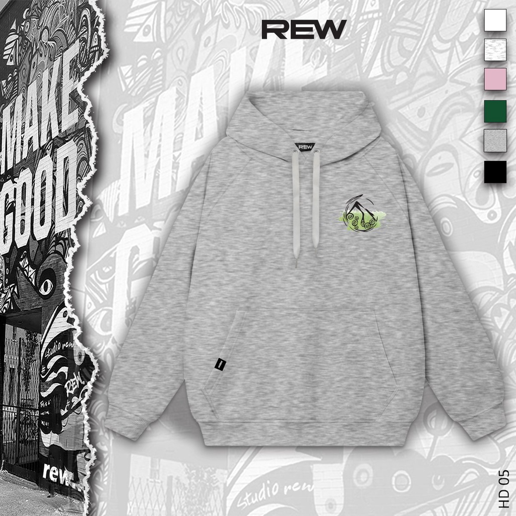 Áo Hoodie xám ghi đậm form rộng 100% Cotton REW - Định Lượng 350GSM form rộng Unisex dành cho cả nam và nữ