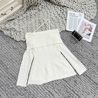 ( Kèm Ảnh Sàn ) Áo Len Ren Trễ Vai Chéo Dây Cổ