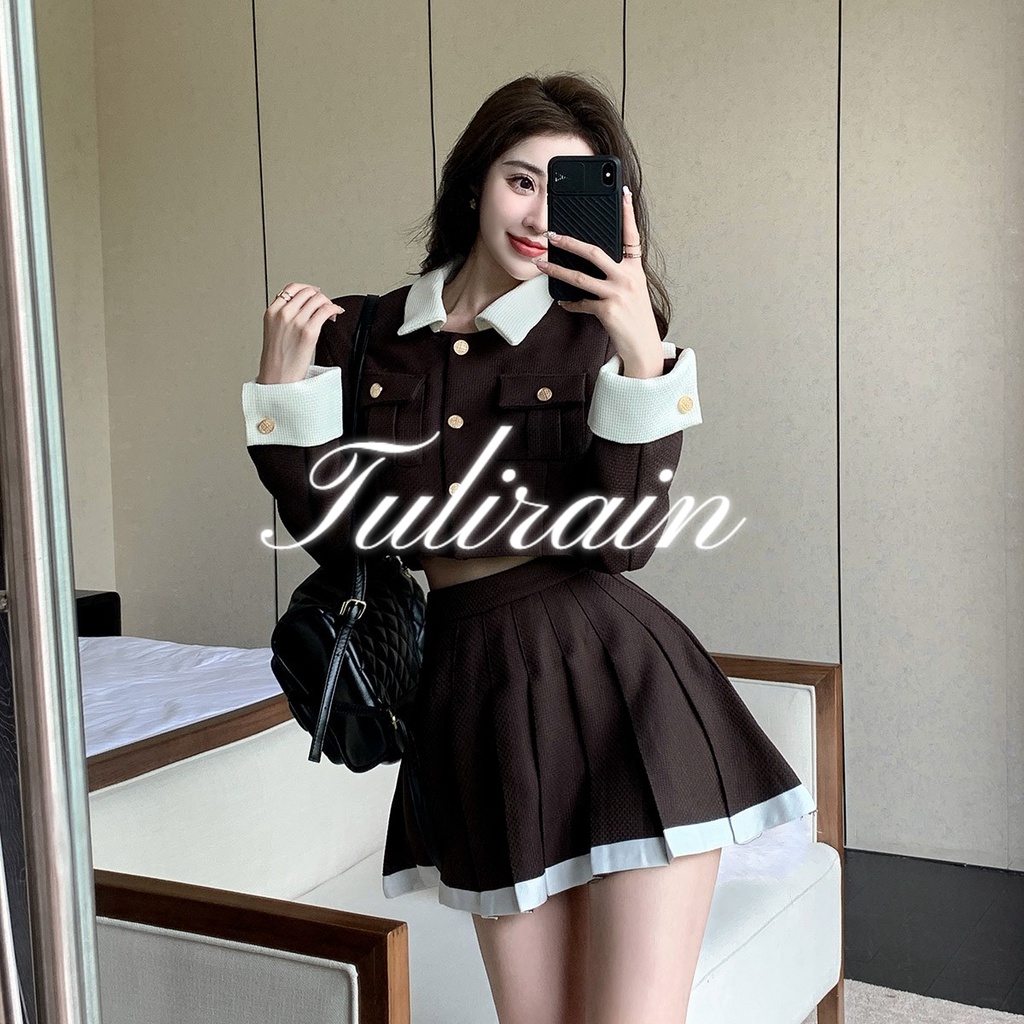 Tulirain Xinji set Áo Khoác Tay Dài + Chân Váy Xếp Ly Lưng Cao Thời Trang Thu Đông Dành Cho Nữ