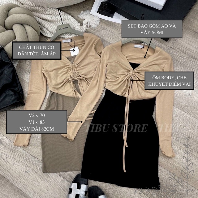 Đầm body ngắn phối khóac tay dài cánh nơ TIBU, Váy ôm dáng sexy mặc đi chơi, dự tiệc siêu xinh, tôn dáng cực đỉnh
