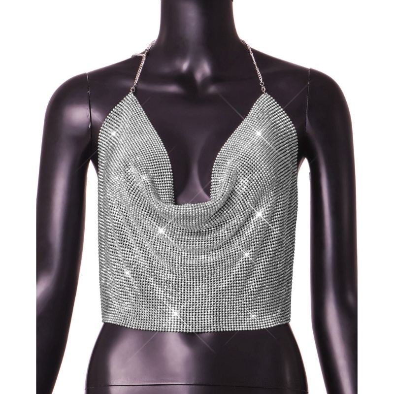 Áo Croptop Hai Dây Cổ Chữ V Khoét Sâu Đính Kim Sa Lấp Lánh Gợi Cảm Cho Nữ