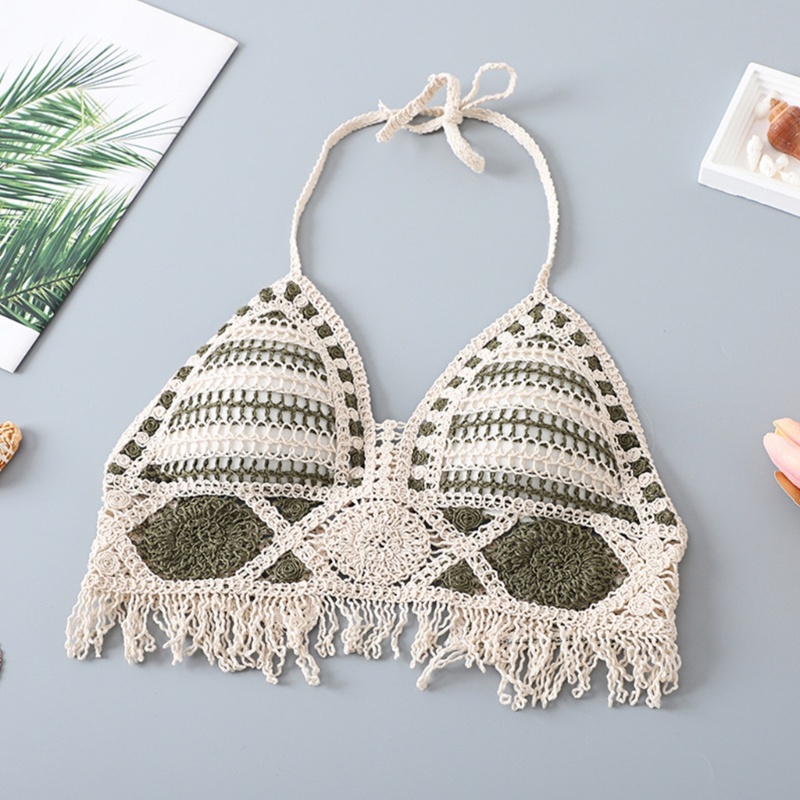 Whi Áo Ngực Bikini Đan Móc Khoét Rỗng Viền Tua Rua Màu Khối Dệt Kim Phong Cách Dân Tộc Cho Nữ