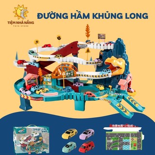 Đồ chơi mô hình đường đua hầm khủng long kèm 4 ô tô con có âm thanh sinh động - Tiệm Nhà Nắng