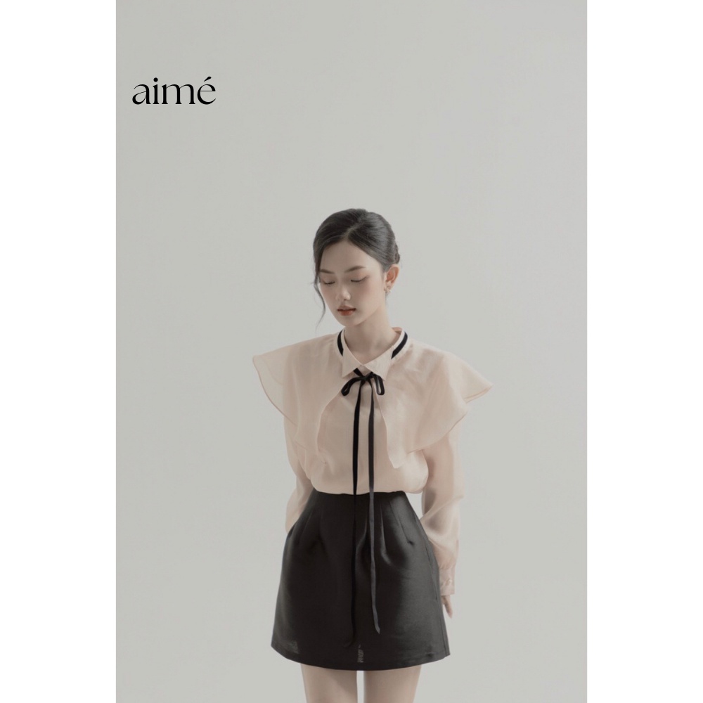 Áo sơ mi tơ mềm hồng cam thắt nơ cổ điệu Mercy Shirt