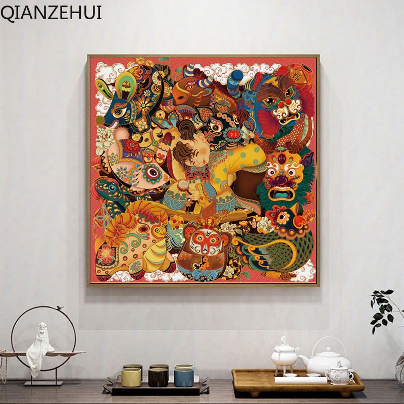 Bộ Tranh Thêu Chữ Thập Tự Làm 11ct Họa Tiết Cung Hoàng Đạo Hoạt Hình Phong Cách Trung Hoa