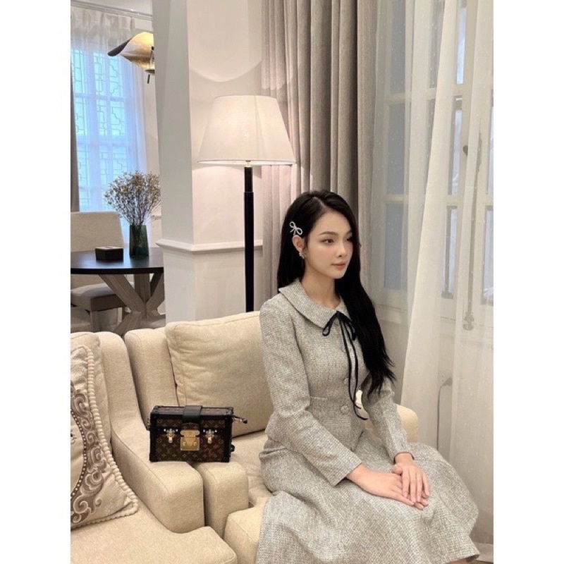 Set thiết kế cao cấp áo sơ mi nơ dài tay kèm chân váy xoè công sở