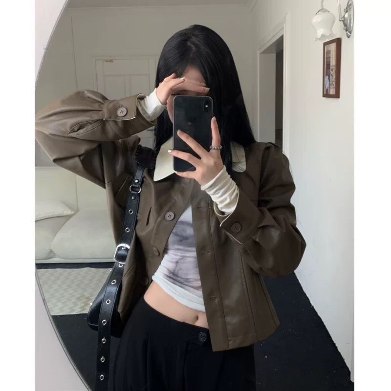 ÁO KHOÁC DA PHỐI MÀU DÁNG NGẮN AKDTHP