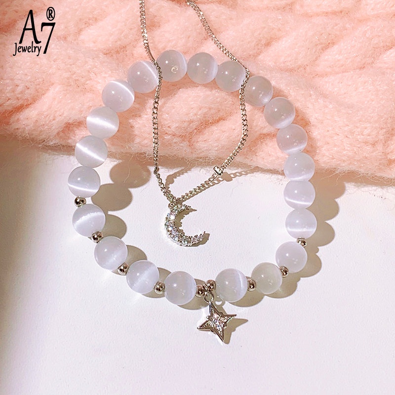 A7 | Vòng Tay Mạ Bạc 925 Mặt Trăng Và Ngôi Sao Đính Đá Opal U715