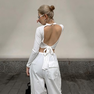 Áo croptop tay dài BANHBEO, áo croptop hở lưng thun gân co giãn tốt freesize cột nơ lưng A0517