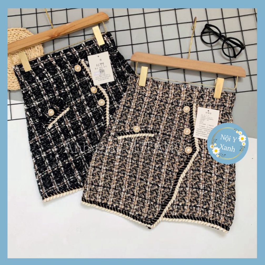 chân váy dạ nhung kim tuyến nữ-chân váy chữ A thiết kế phối cúc lệch uy quyền rét mướt CV66 Nội Y Xanh hot trend thu đôn