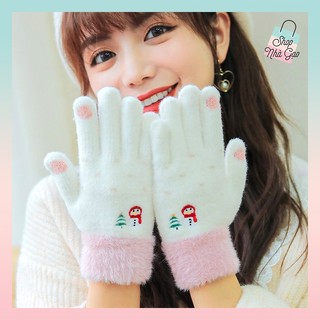 Găng tay len mềm mại co giãn chống nắng và giữ ấm màn hình cảm ứng nữ hình người tuyết dễ thương