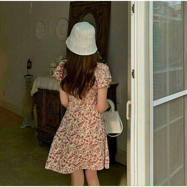(Siêu Sale tháng 12) Đầm hoa trễ vai tay phồng,đầm nút bọc dáng xòe nhẹ,thời trang dạo phố cho nàng cực xinh