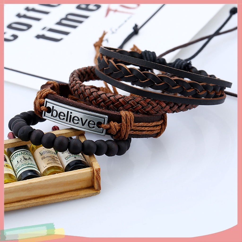 Set 4 vòng tay bện dây giả da thời trang cho nam