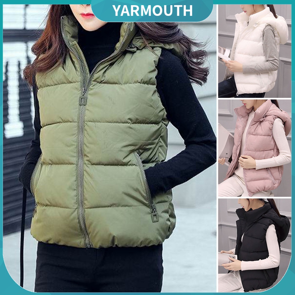Áo Khoác Phao Cotton Không Tay Cổ Đứng Có Túi Khóa Kéo Và Mũ Tháo Rời Được Màu Trơn Ấm Áp Mùa Đông Cho Nữ