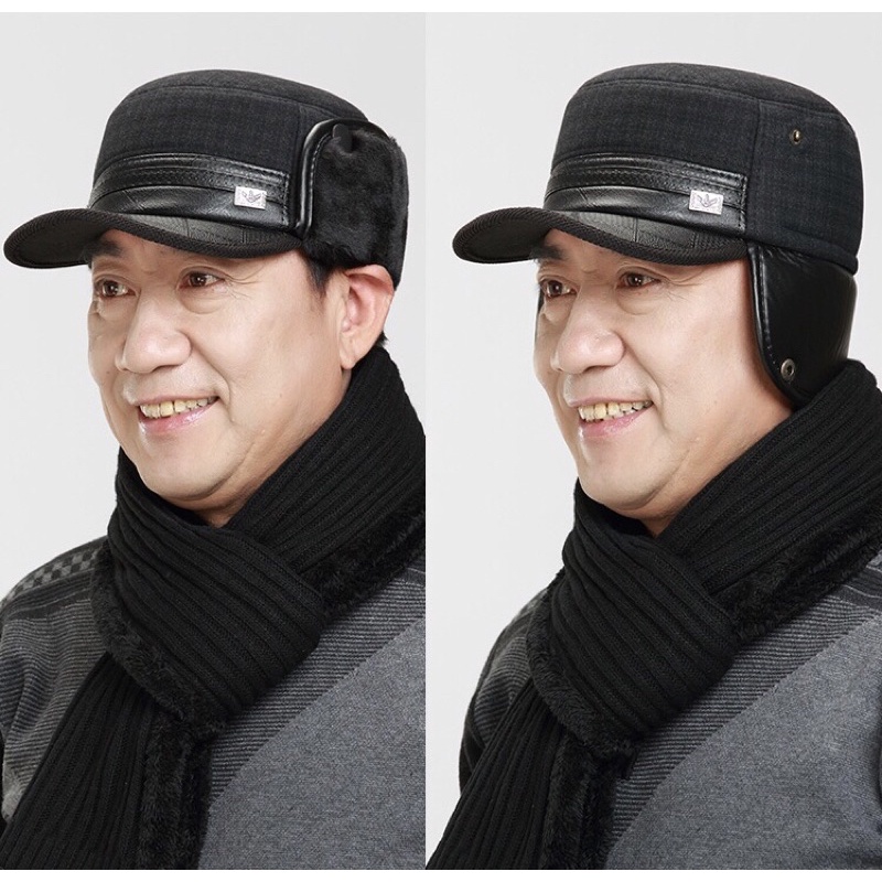 Mũ ông già lót lông vành da che tai siêu ấm