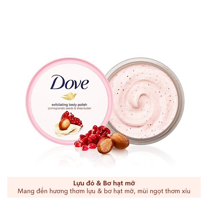 Tẩy da chết cơ thể Dove Exfoliating Body Polish 225ml bản Đức giúp da mịn màng mùi Lựu và Hạt Macca | BigBuy360 - bigbuy360.vn